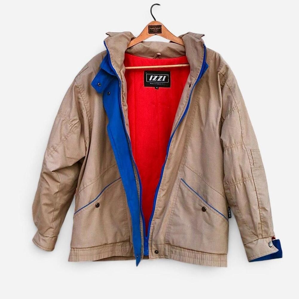 Vintage Tan Bomber Jacket with Red/Orange Lining & Blue Details